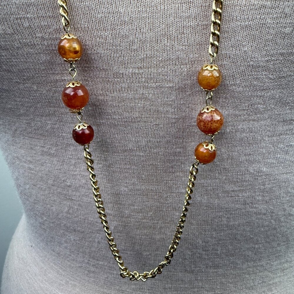 Vintage Lucite Amber Station Beads Gold Tone Chain Necklace 45" - Picture 2 of 6